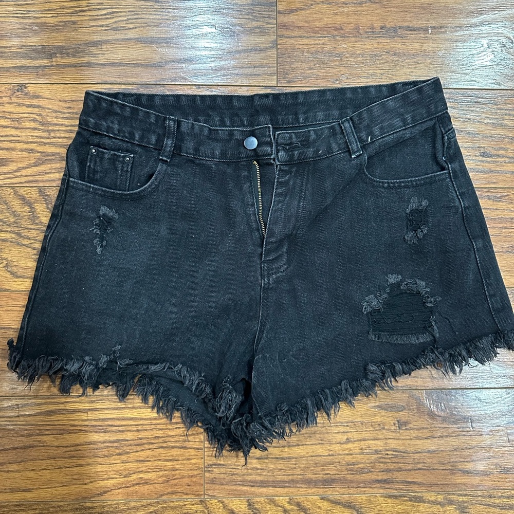 SHEIN Black Frayed Distressed Denim Shorts